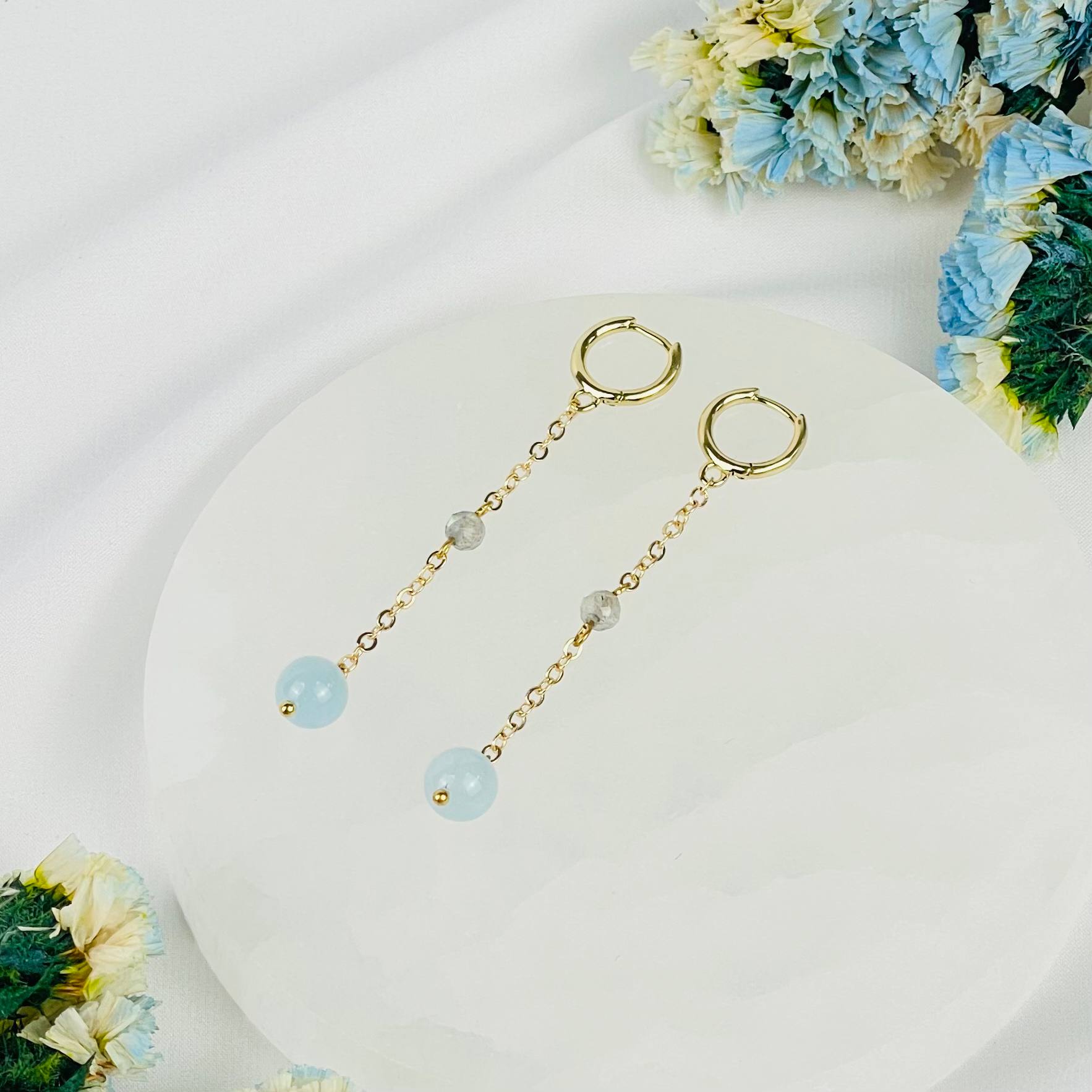 Радуга Самоцветов Серьги на цепочке из Аквамарина и Лабрадора