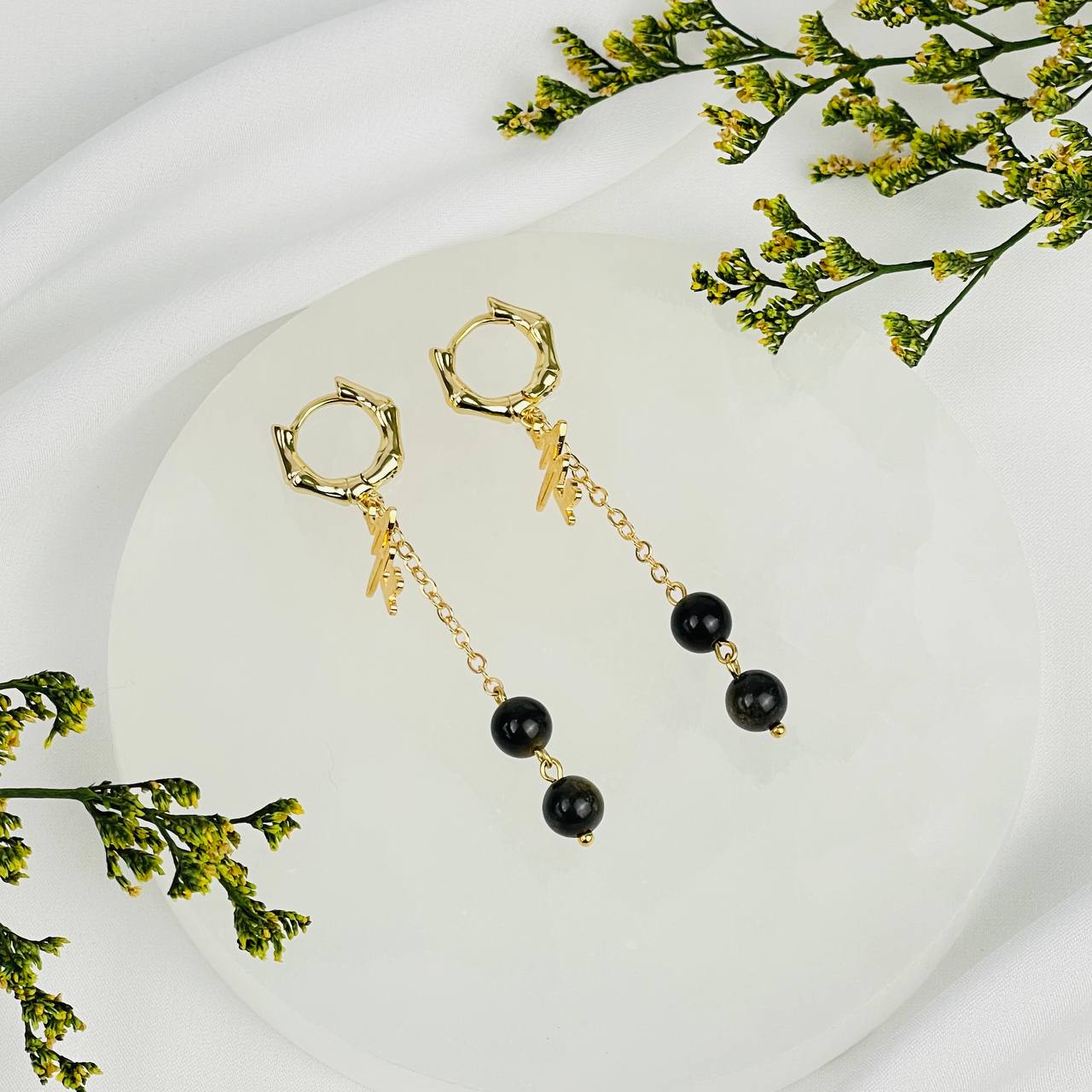 Радуга Самоцветов Серьги на цепочке из золотистого Обсидиана