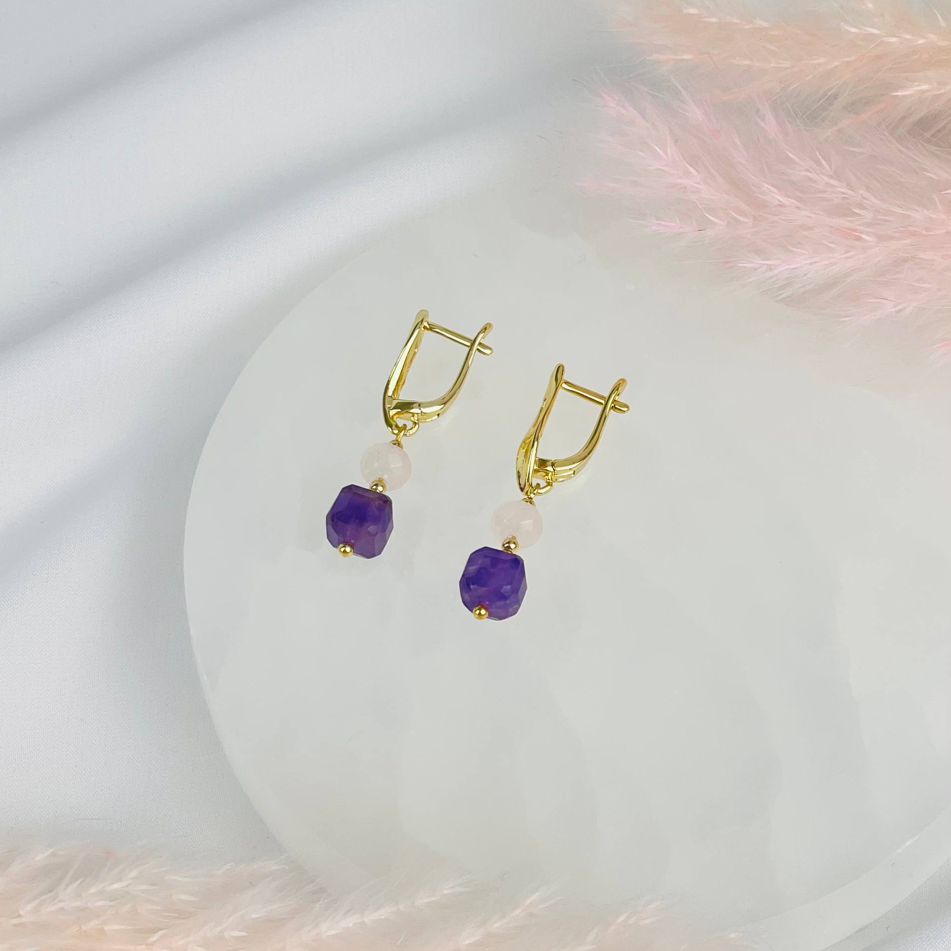 Радуга Самоцветов Серьги из Розового кварца и Аметиста