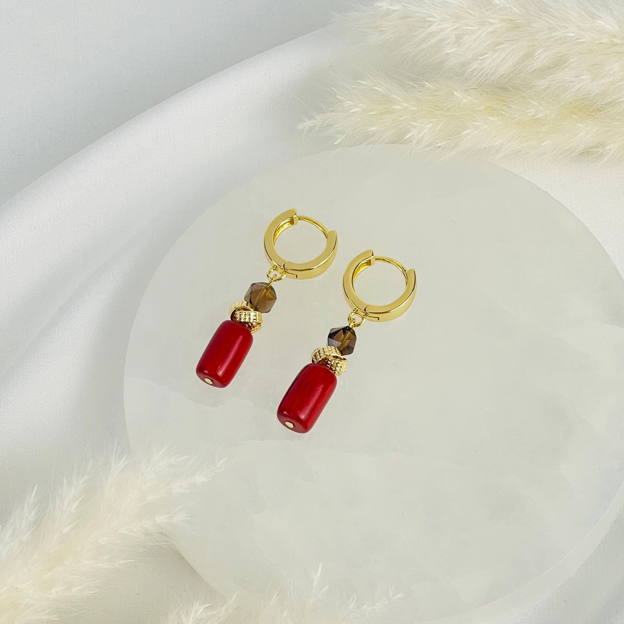 Радуга Самоцветов Серьги из Коралла и Раухтопаза