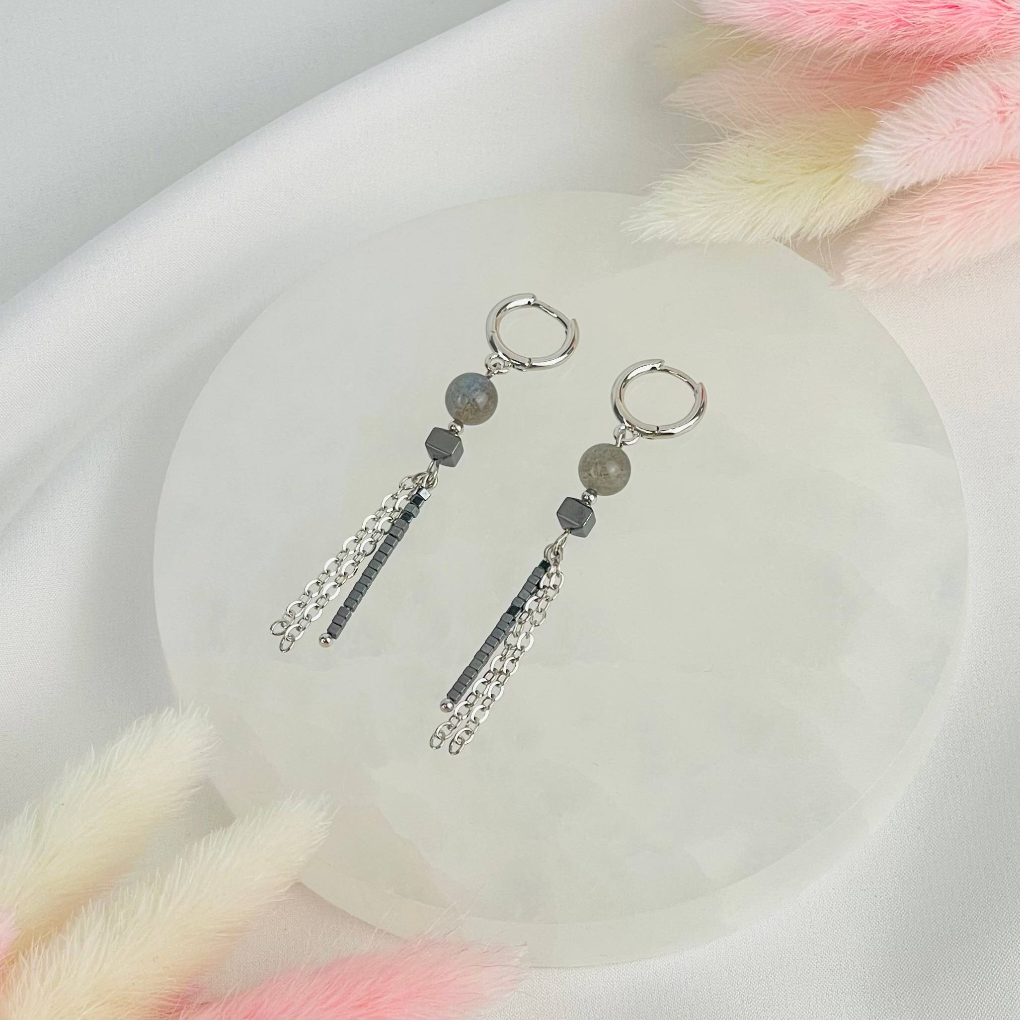 Радуга Самоцветов Серьги длинные из Лабрадора и Гематита