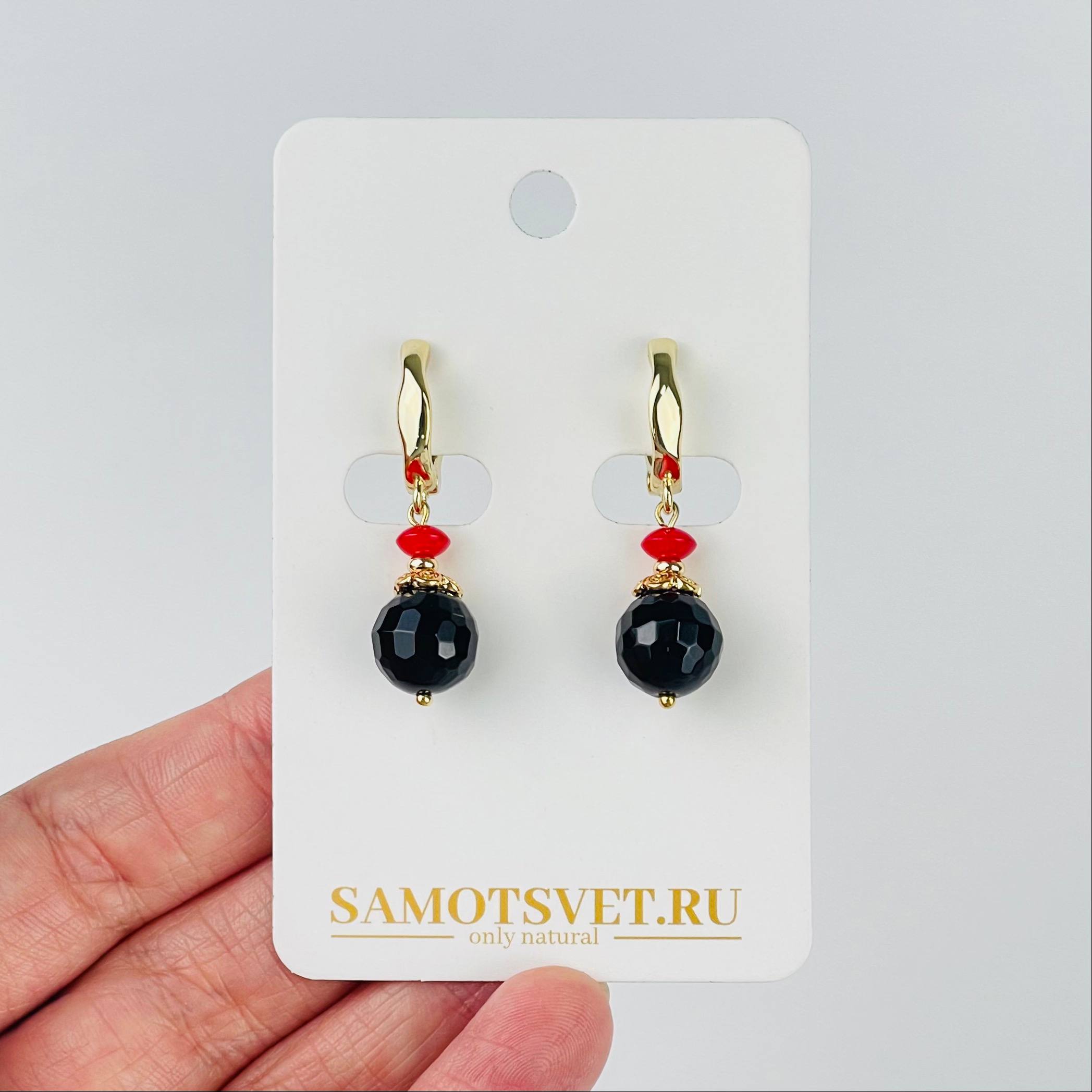 Радуга Самоцветов Серьги двойные из черного Агата и Коралла