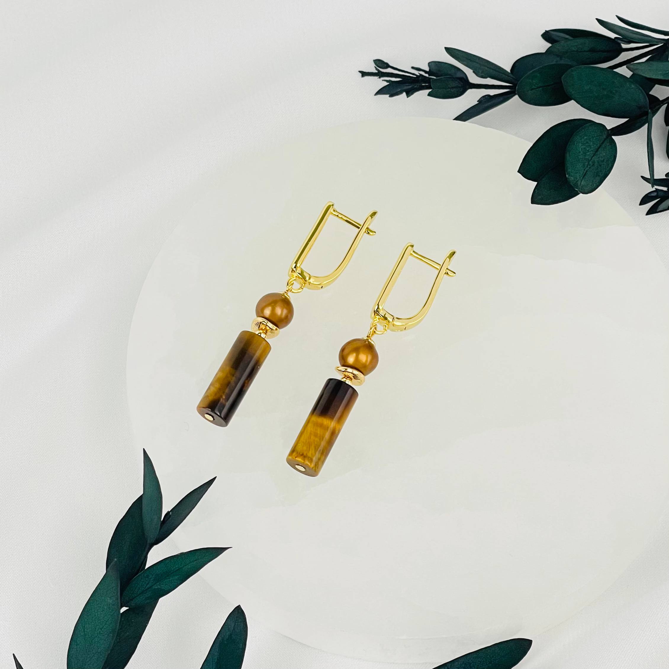 Радуга Самоцветов Серьги из Тигрового глаза и Жемчуга тон.