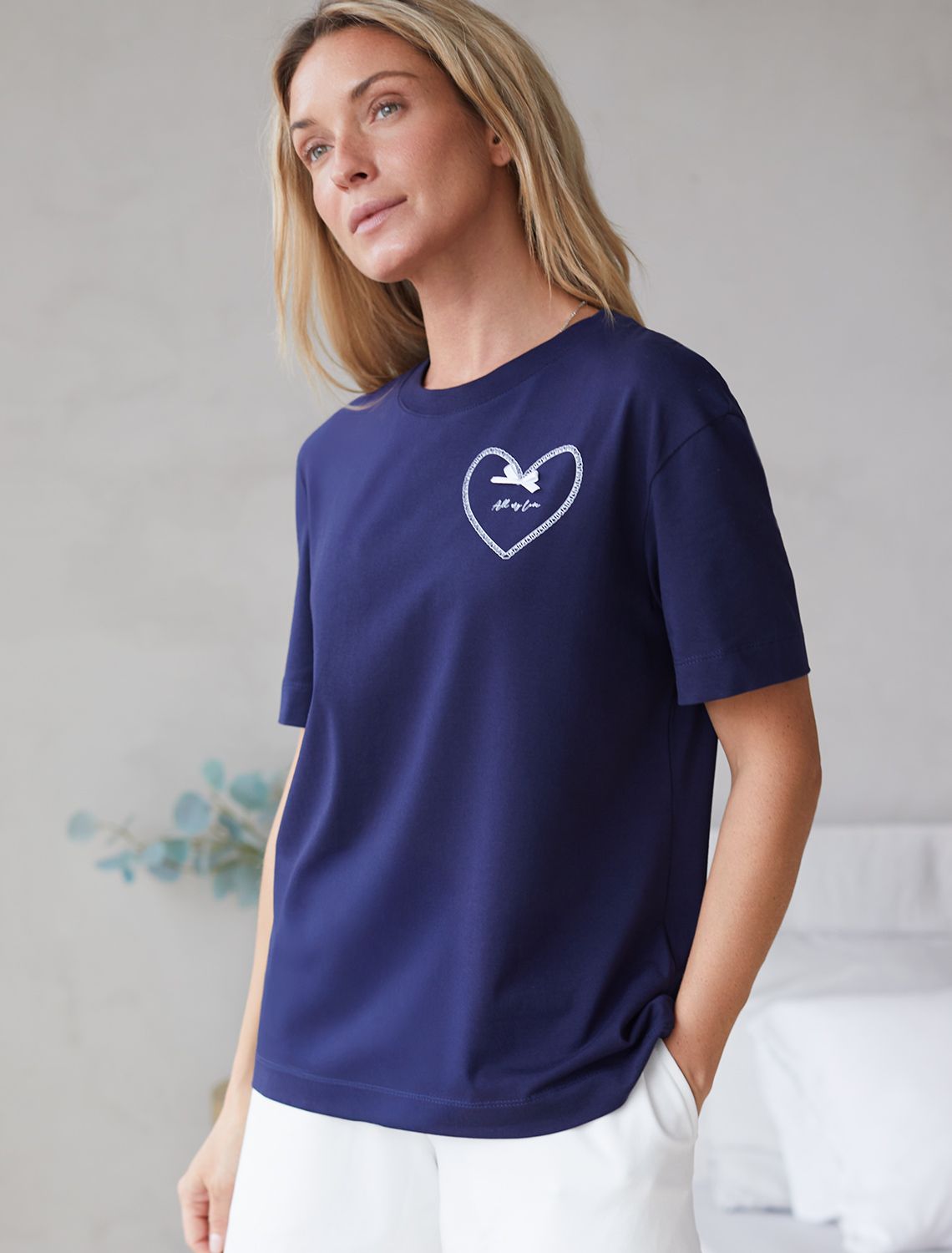 Ст.цена 1190р Футболка с принтом свободная эластичная из премиального хлопка D49.136 т.синий_love