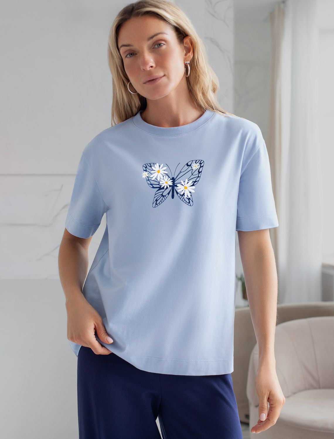 Ст.цена 1250р Футболка с принтом свободная эластичная из премиального хлопка D49.136 голубой_бабочка