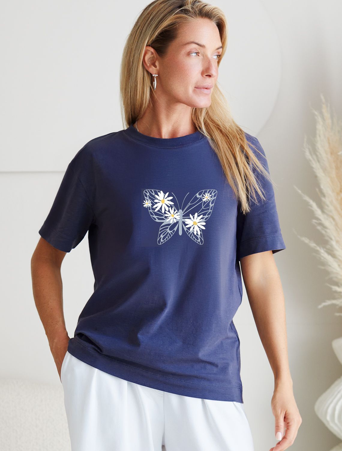 Ст.цена 1250р Футболка с принтом свободная эластичная из премиального хлопка D49.136 т.синий_бабочка