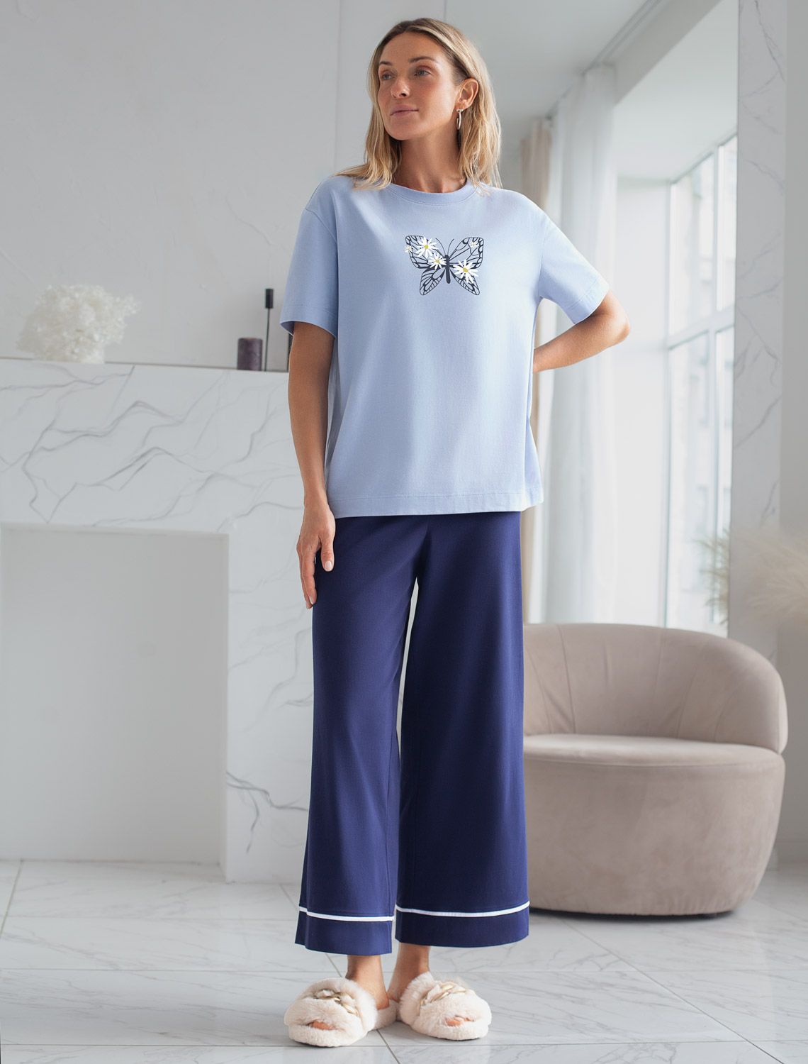 Ст.цена 1250р Футболка с принтом свободная эластичная из премиального хлопка D49.136 голубой_бабочка