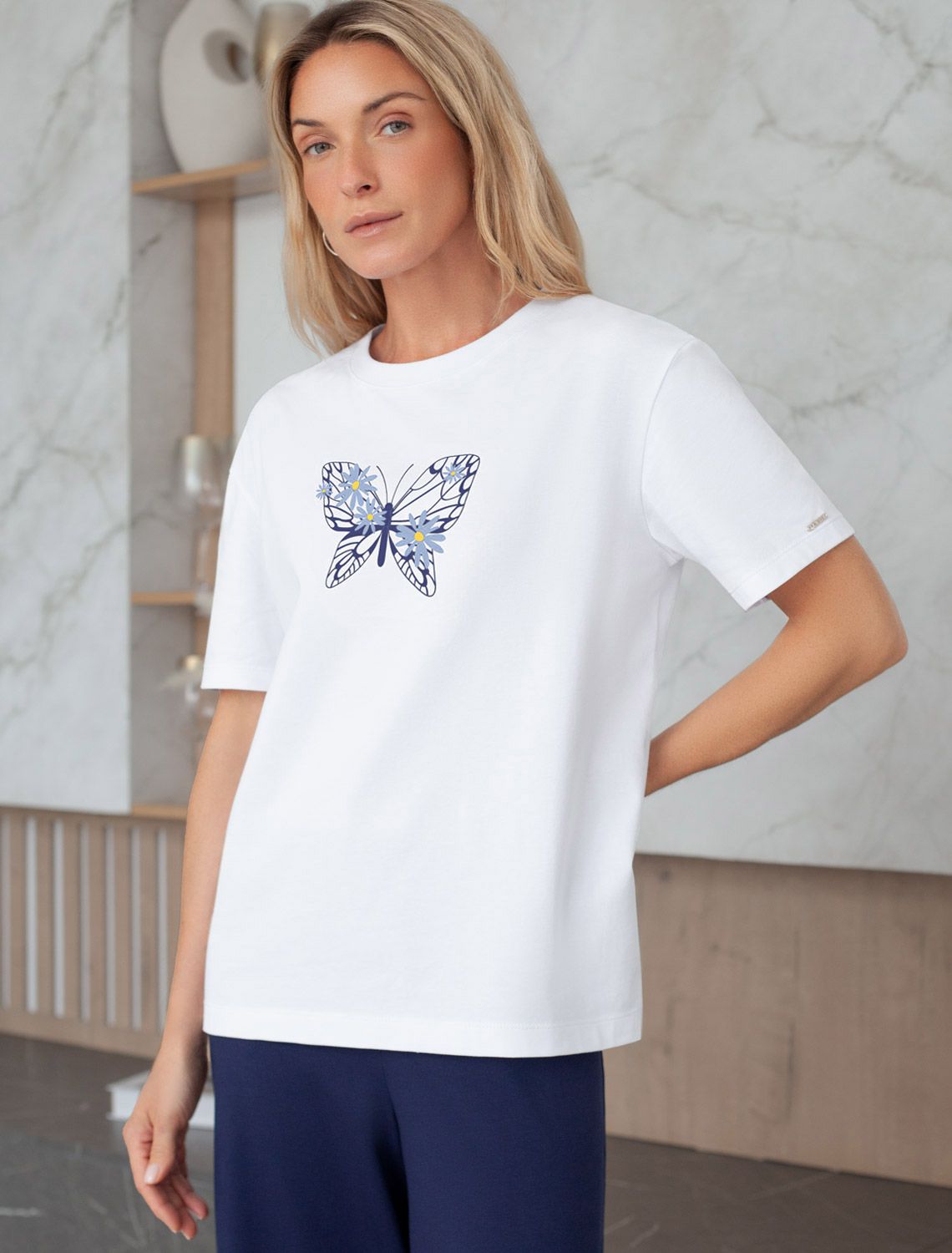 Ст.цена 1250р Футболка с принтом свободная эластичная из премиального хлопка D49.136 белый_бабочка