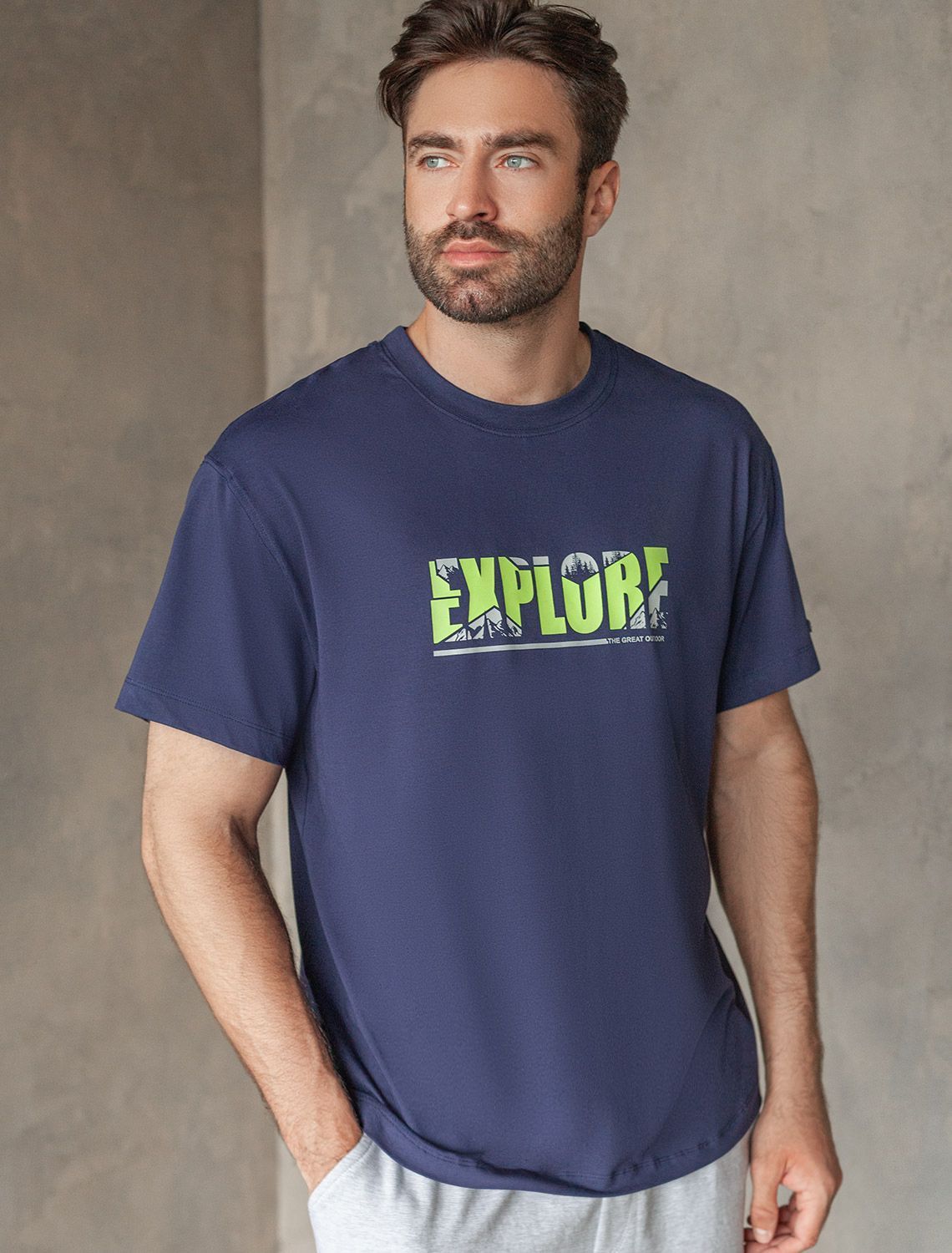 Ст.цена 1190р Свободная футболка с авторским принтом U49.048 т.синий_explore геометрия