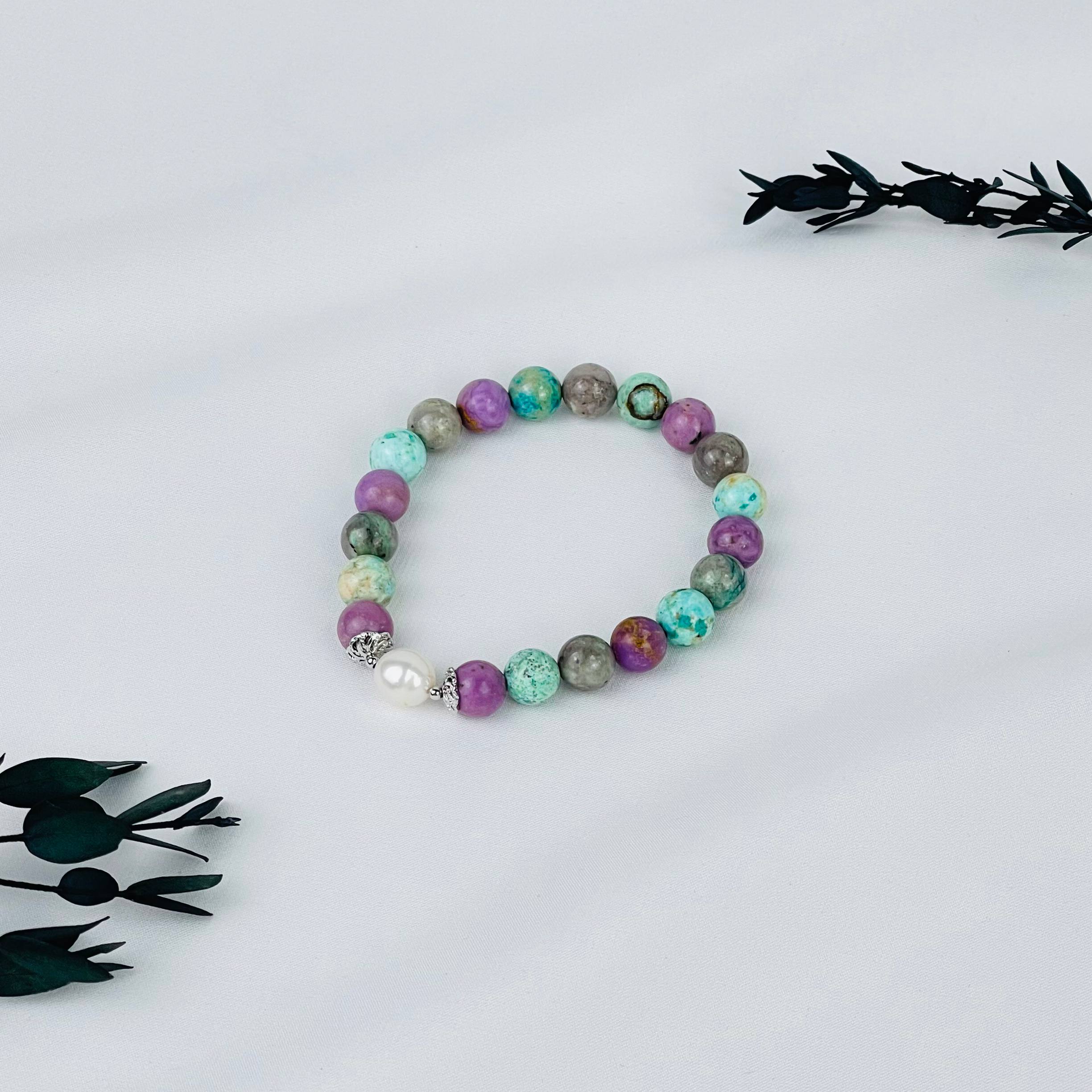 Радуга Самоцветов Браслет из Фосфосидерита, Варисцита и Жемчуга