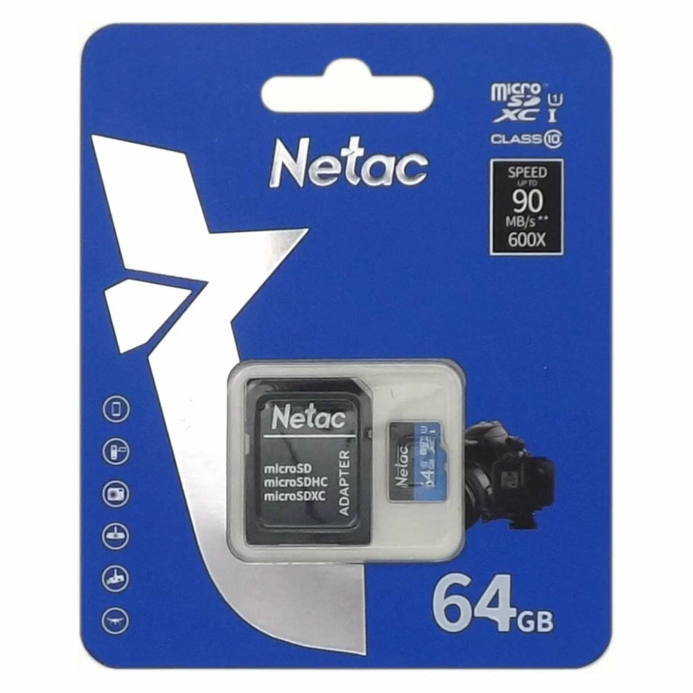 Карта памяти MicroSD Netac 64GB class 10 с адаптером SD USH-1 (90Mb/s)