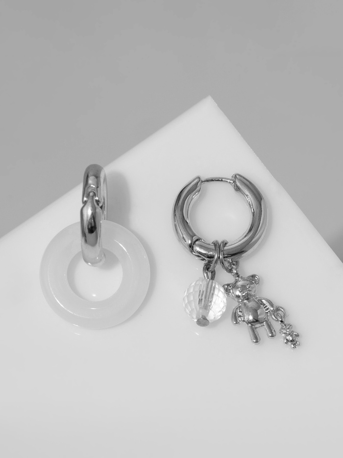 Серьги со съёмным элементом «Трансформер» мишка и диско-шар, белые в серебре