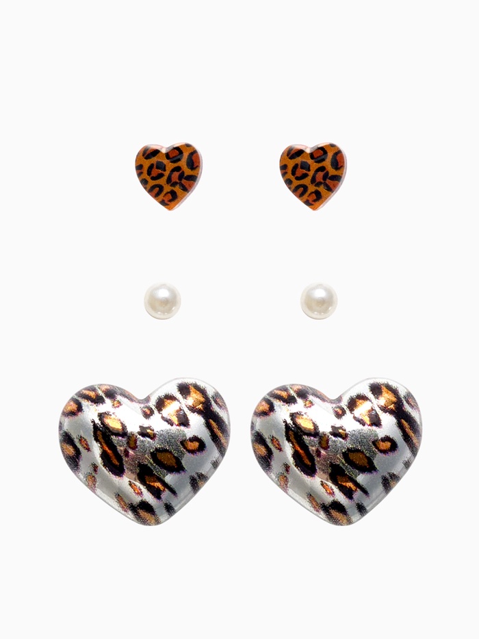 Серьги QF «Леопардовое сердце», набор 3 пары, крупное, цветной в серебре