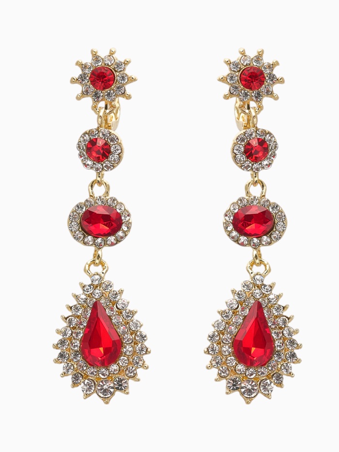 Серьги висячие со стразами «Вечерние» мадам, цвет бело-красный в золоте, 7 см