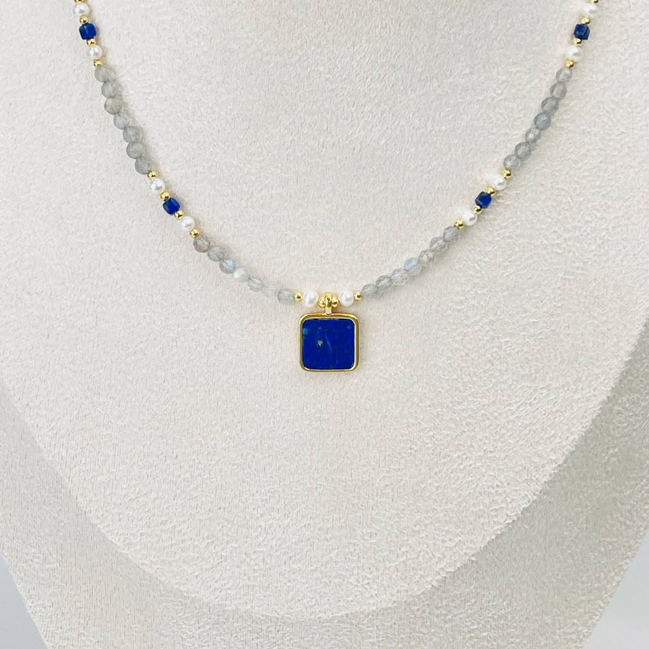 Радуга Самоцветов Колье из Лабрадора, Жемчуга и Лазурита