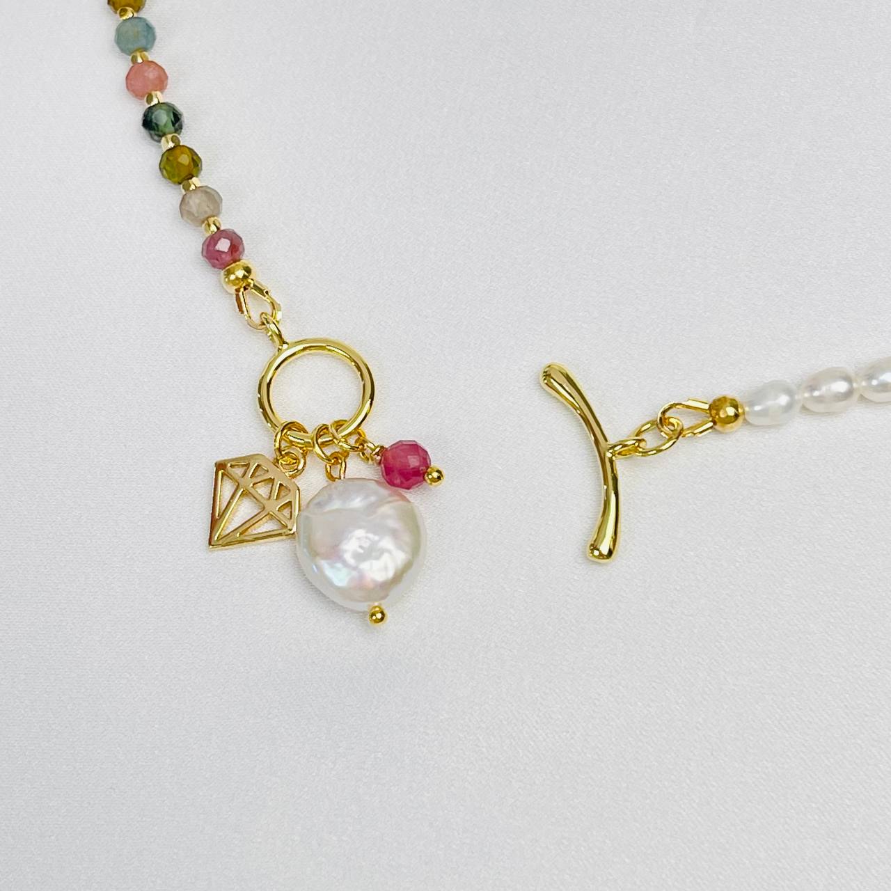 Радуга Самоцветов Колье из Турмалина микс и Жемчуга