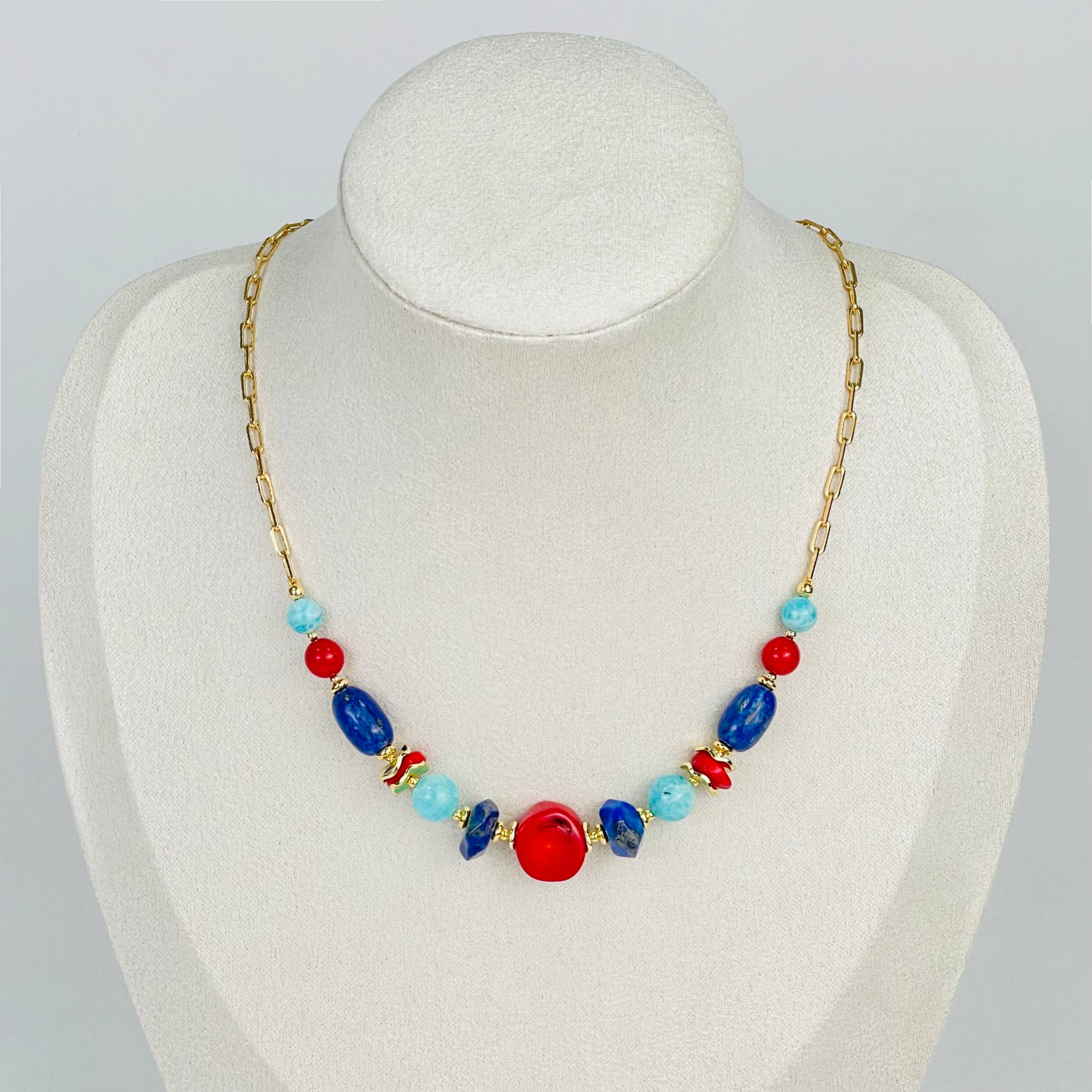 Радуга Самоцветов Колье из Коралла, Лазурита и Амазонита