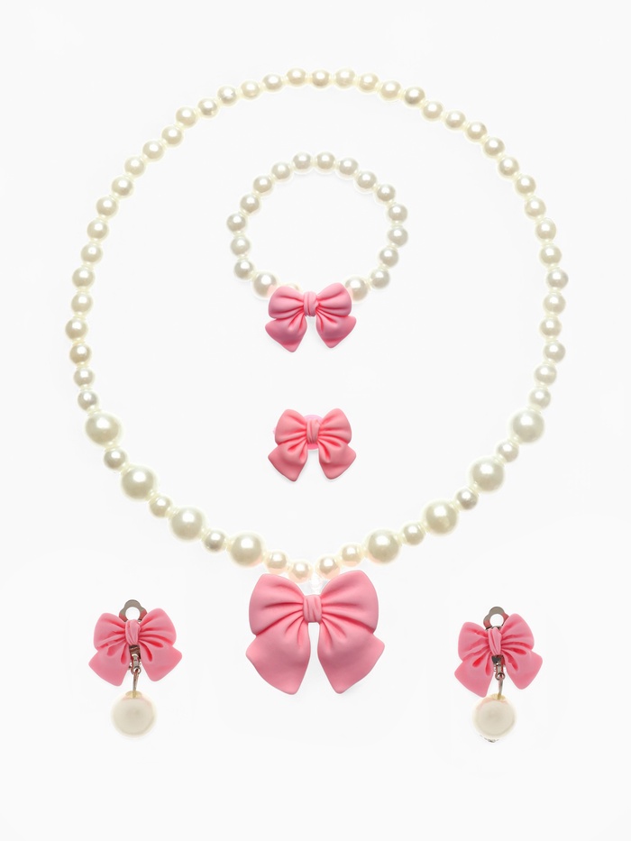 Набор детских украшений Выбражулька «Бант», 4 предмета: кулон, браслет d=6 см кольцо, клипсы, бело-розовый