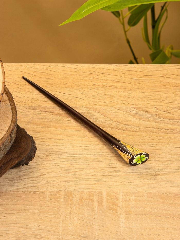 Шпилька для волос «Цветок», 17 см, дерево албезия, коричневая, зелёная