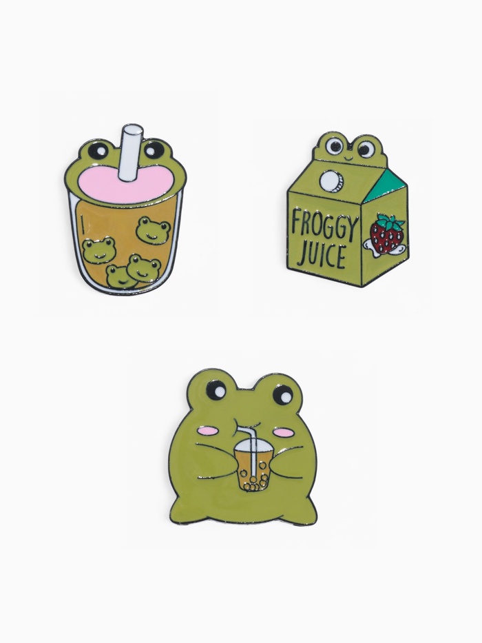 Набор значков (3 шт.) «Лягушачьи напитки», цвет зелёный в чёрном металле