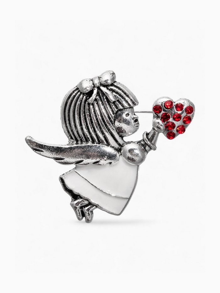 Брошь «Купидон» девочка, цвет красно-белый в чернёном серебре