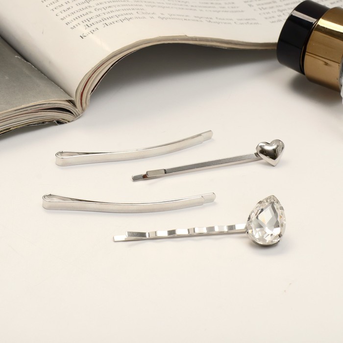 Невидимки для волос «Амелия», набор 4 шт., сердце, 6 см, серебро