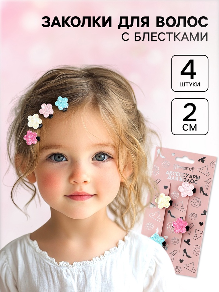 Заколки для волос с блестками, набор 4 шт., 2 см, «Принцессы»