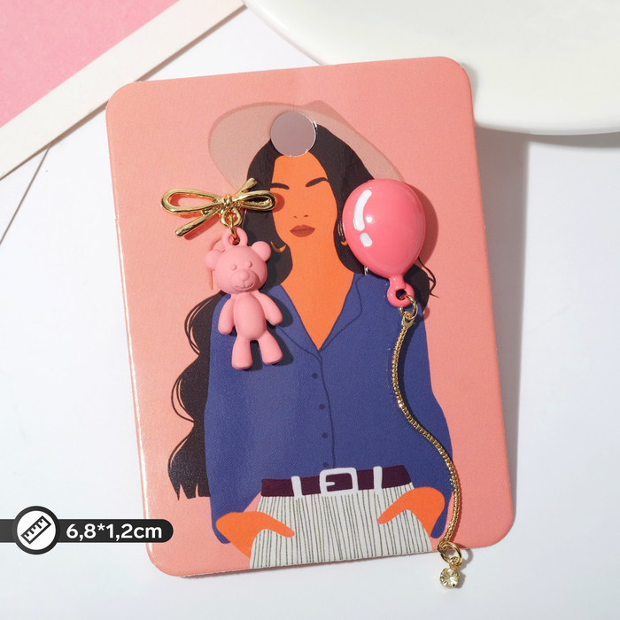 Серьги с эмалью «Медведь и шарик», розовые в золоте