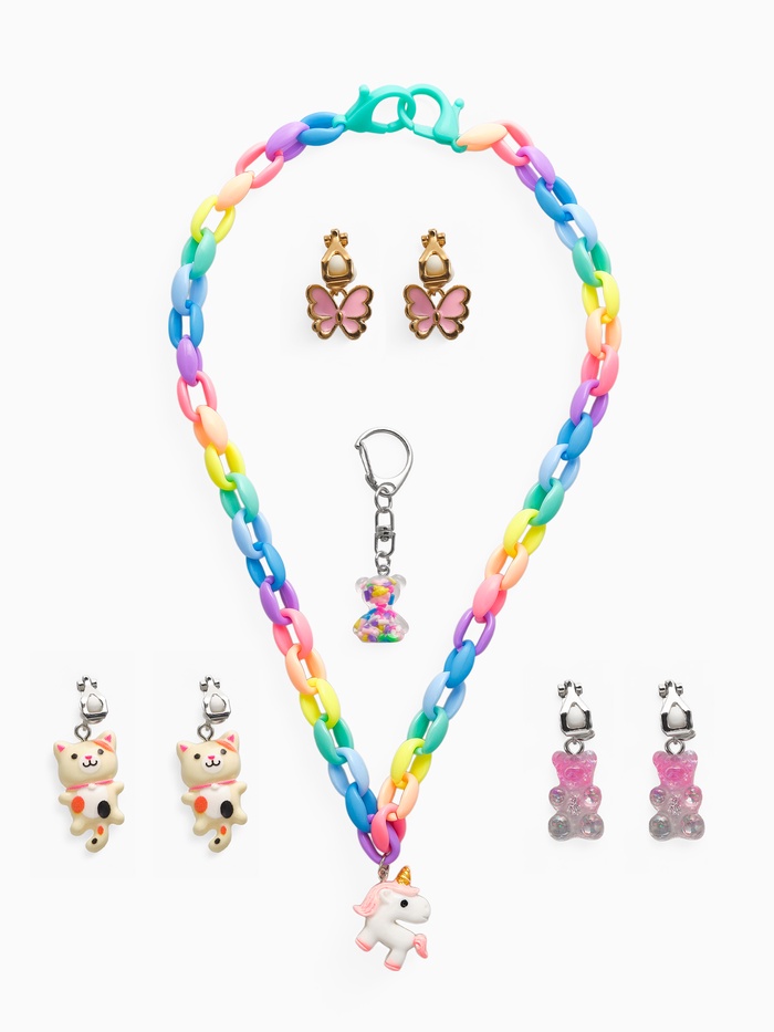 Набор детских украшений Выбражулька «Сказка», 5 предметов: цепочка единорог, 3 пары клипс, брелок мишка