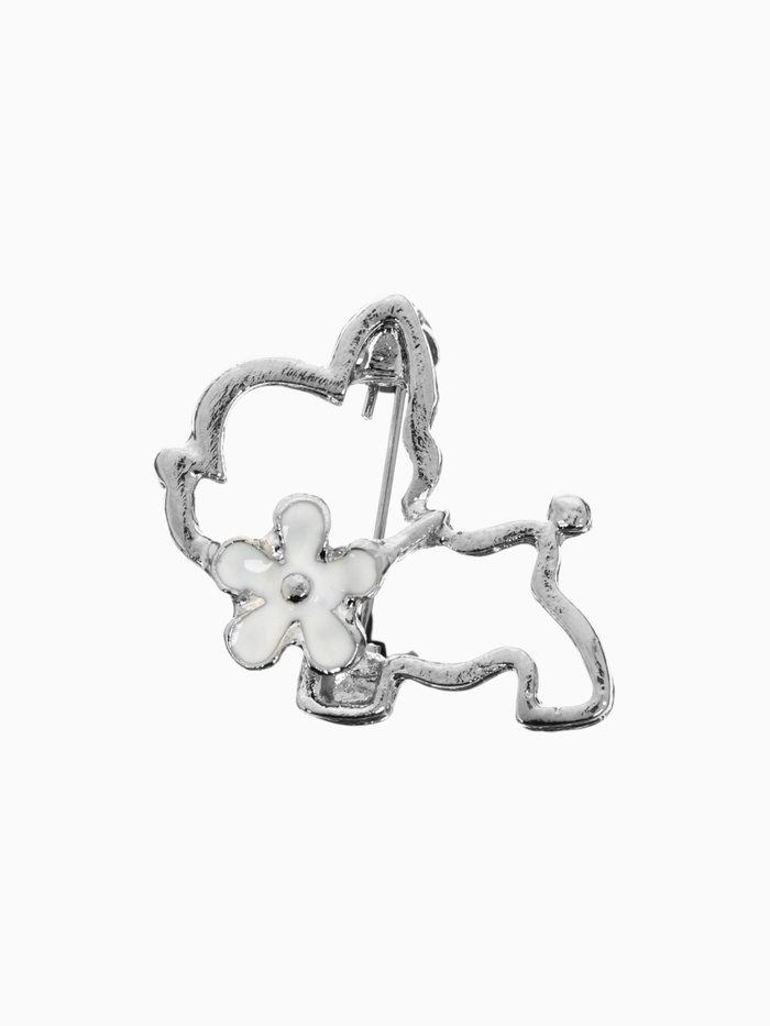 Брошь «Собачка» с цветочком, цвет белый в серебре