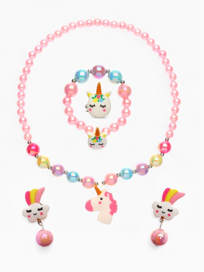 Набор детских украшений Выбражулька «Единорог», 4 предмета: кулон, браслет, кольцо, клипсы, разноцветный