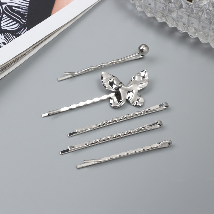 Невидимки для волос «Бенте», набор 5 шт., бабочка, 5 и 6 см, серебро