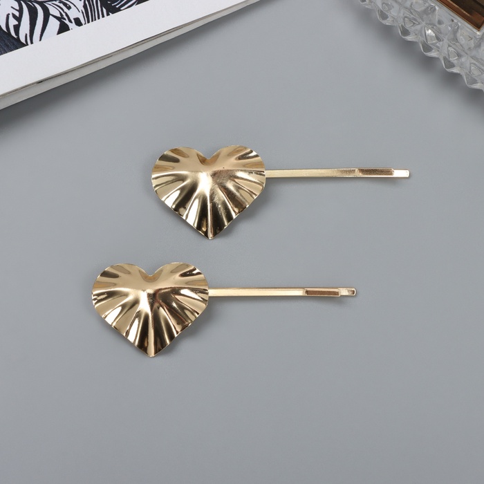 Невидимки для волос «Бенте», набор 2 шт., сердце, 6 см, золото