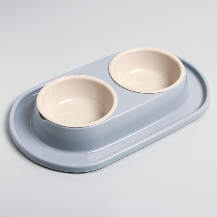 Миска для животных «Мур-мяу» 0.3 л двойная на подставке, серая