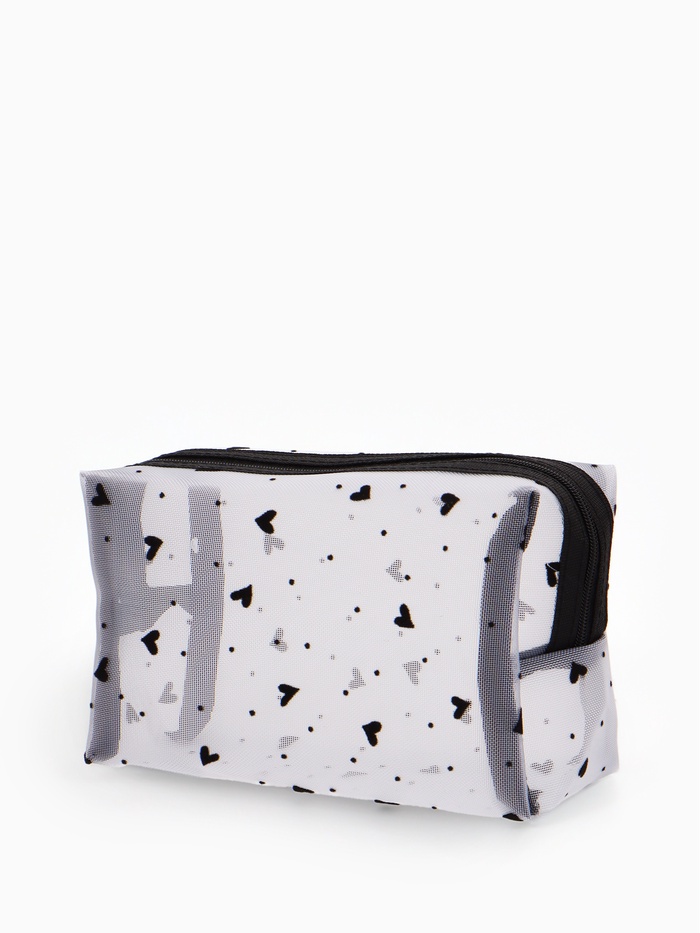Косметичка женская HEARTS, с рисунком, сетка, на молнии, белая