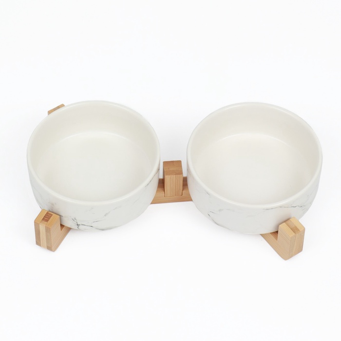 Миски керамические двойные на подставке 2×450 мл 28.5×15.5×7 см, мрамор