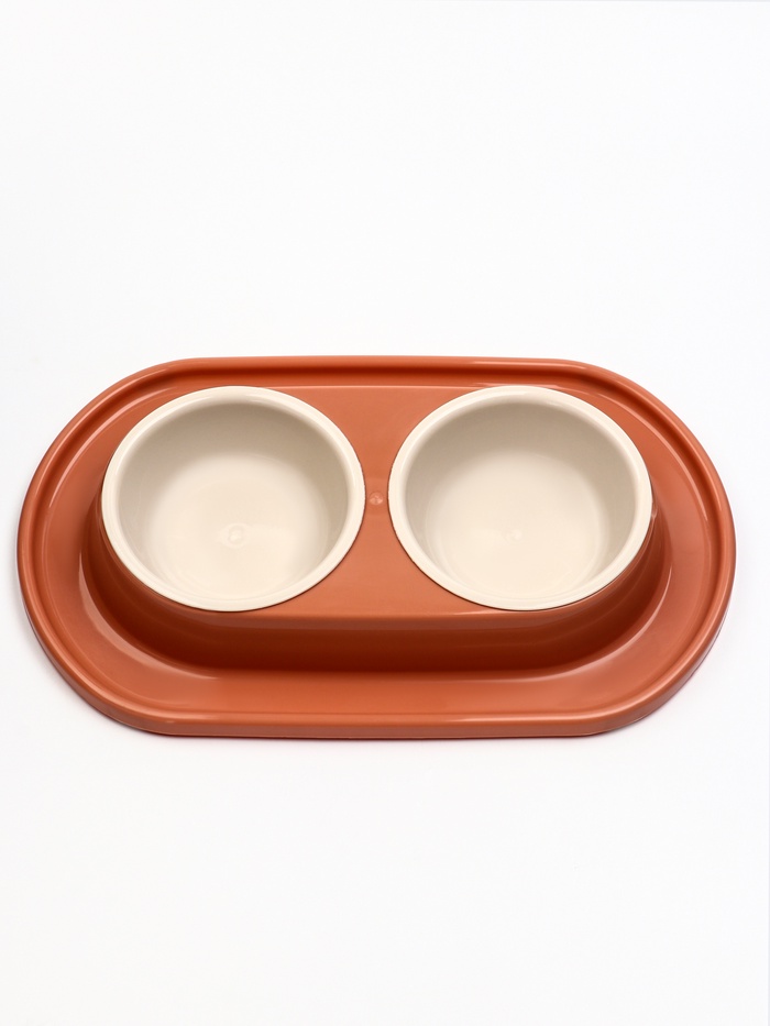 Миска для животных «Мур-мяу» 0.3 л двойная на подставке, кирпичный