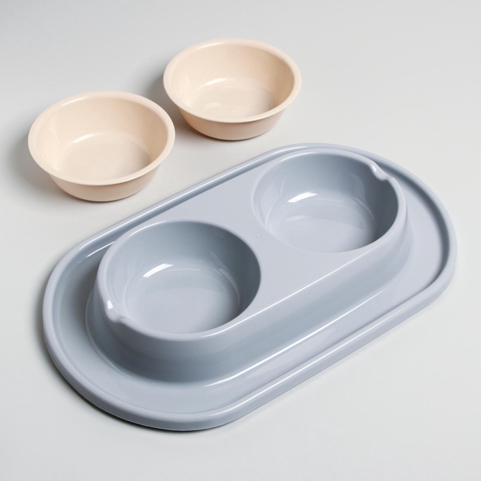 Миска для животных «Мур-мяу» 0.3 л двойная на подставке, серая