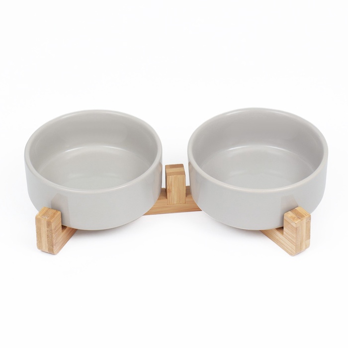 Миски для кошек керамические Пижон, двойные на подставке, 2×450 мл 28.5×15.5×7 см, серые