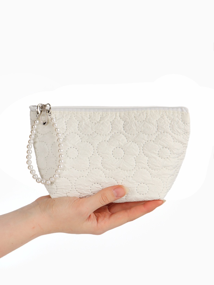 Косметичка женская «Цветочки», на молнии, ручка из бусин, молочная