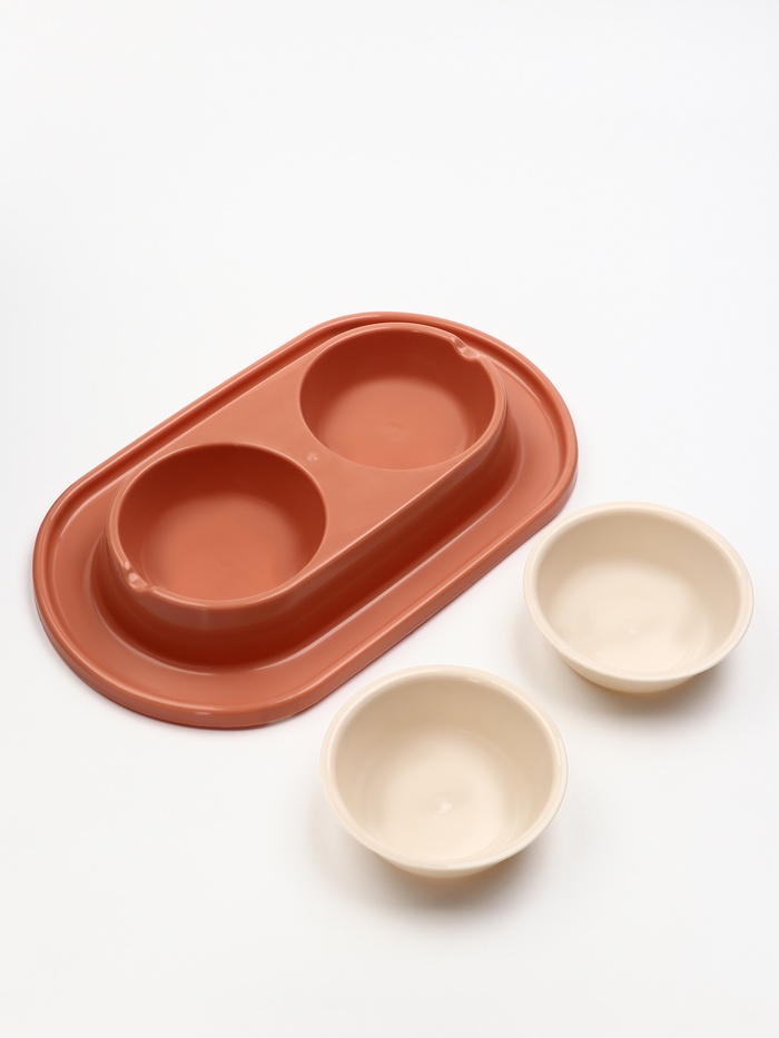 Миска для животных «Мур-мяу» 0.3 л двойная на подставке, кирпичный