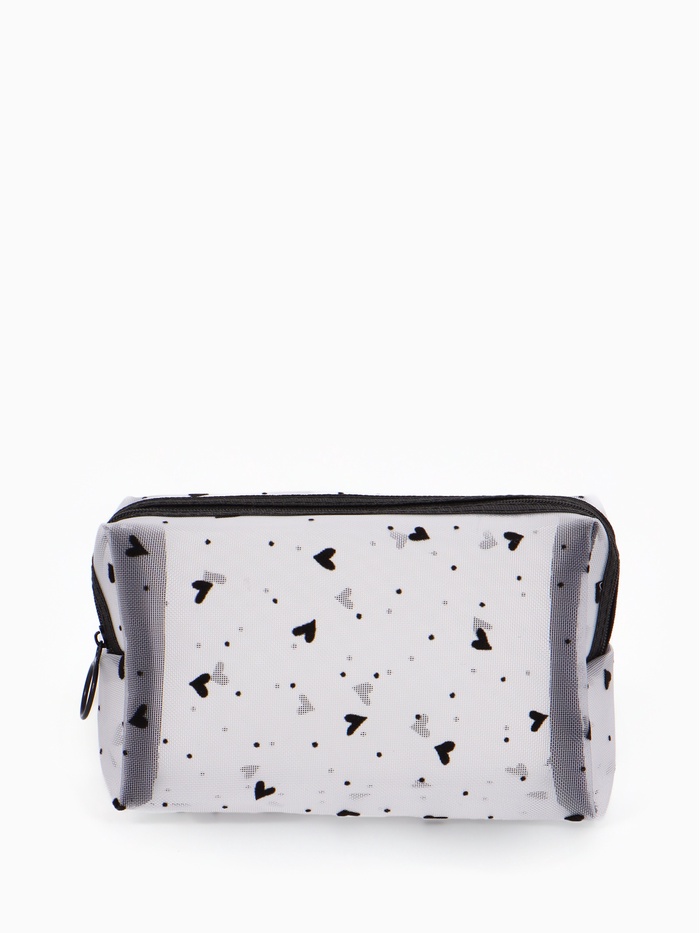 Косметичка женская HEARTS, с рисунком, сетка, на молнии, белая