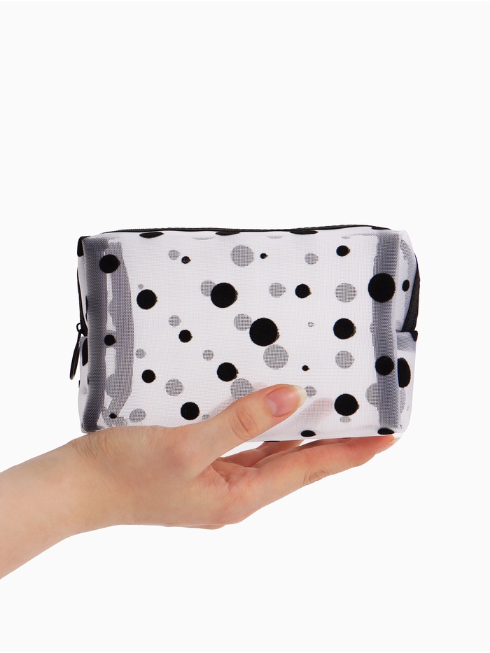 Косметичка женская DOT, с рисунком, сетка, на молнии, белая