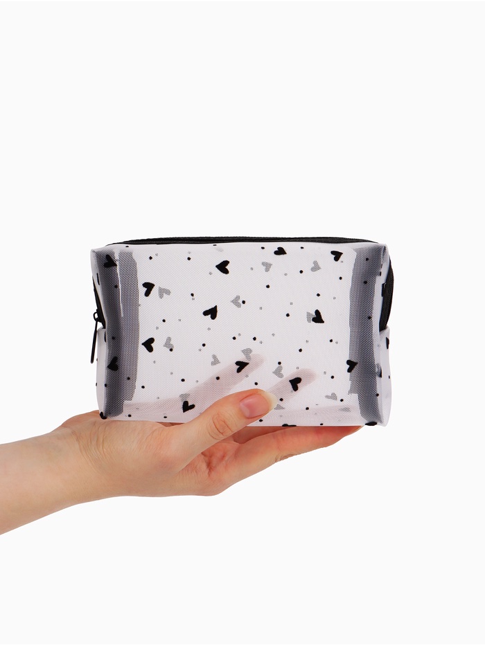 Косметичка женская HEARTS, с рисунком, сетка, на молнии, белая
