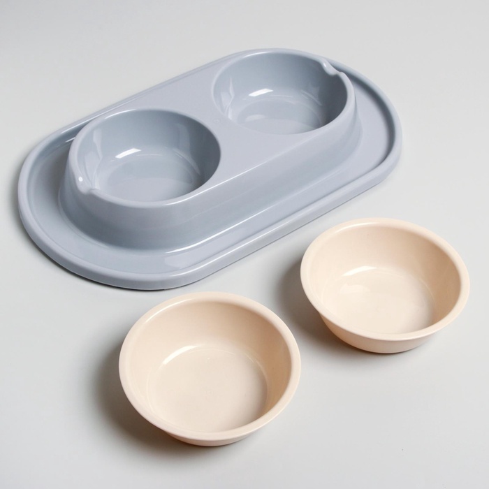 Миска для животных «Мур-мяу» 0.3 л двойная на подставке, серая