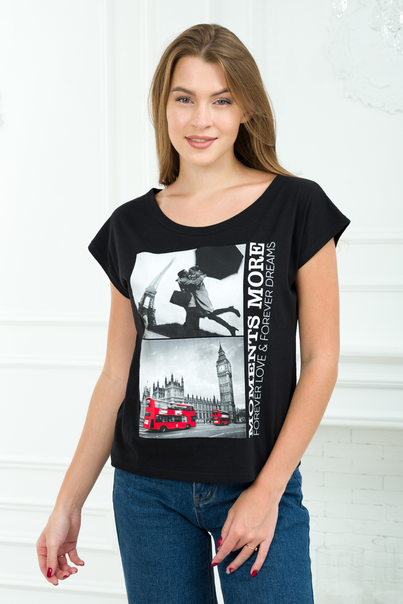 Футболка женская со спущенным плечом из кулирки Лира черный с принтом Moments