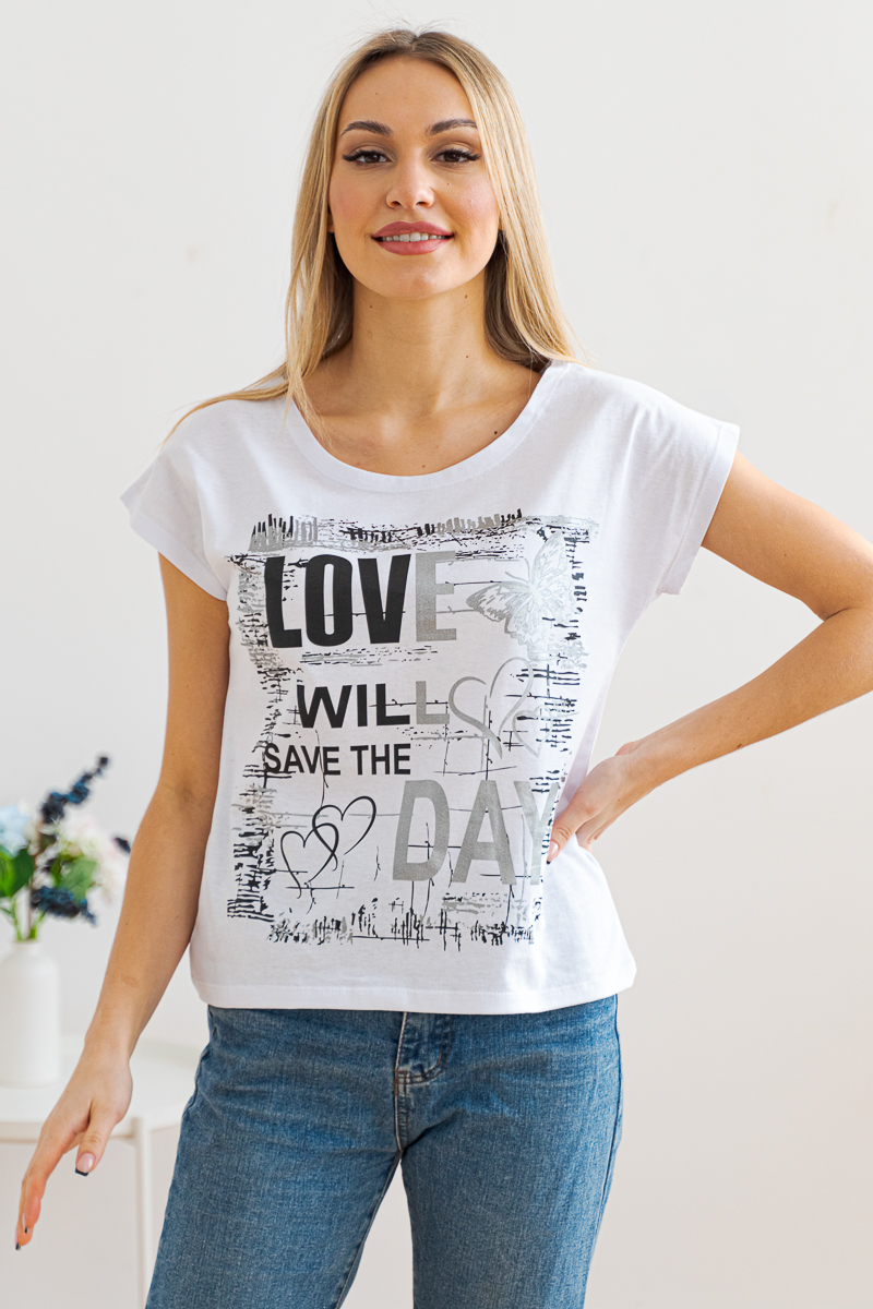 Футболка женская со спущенным плечом из кулирки Лира белый с принтом Love