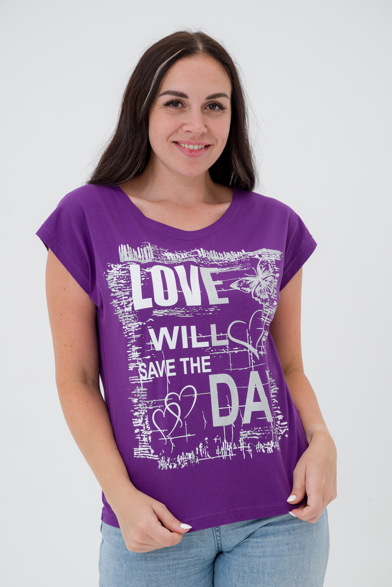 Футболка женская со спущенным плечом из кулирки Лира сирень с принтом Love