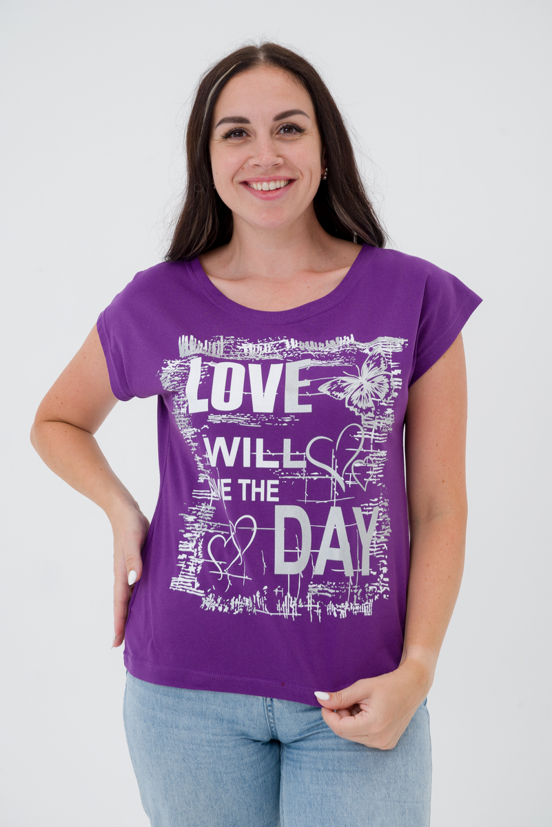 Футболка женская со спущенным плечом из кулирки Лира сирень с принтом Love