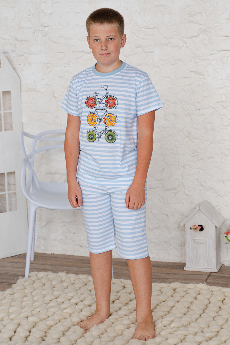 Пижама детская из футболки и бридж из кулирки Fruits & bikes голубой